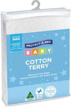 Protect A Bed Cotton Terry Waterproof Cot Single Mattress Protector with Elastic Straps Clearance